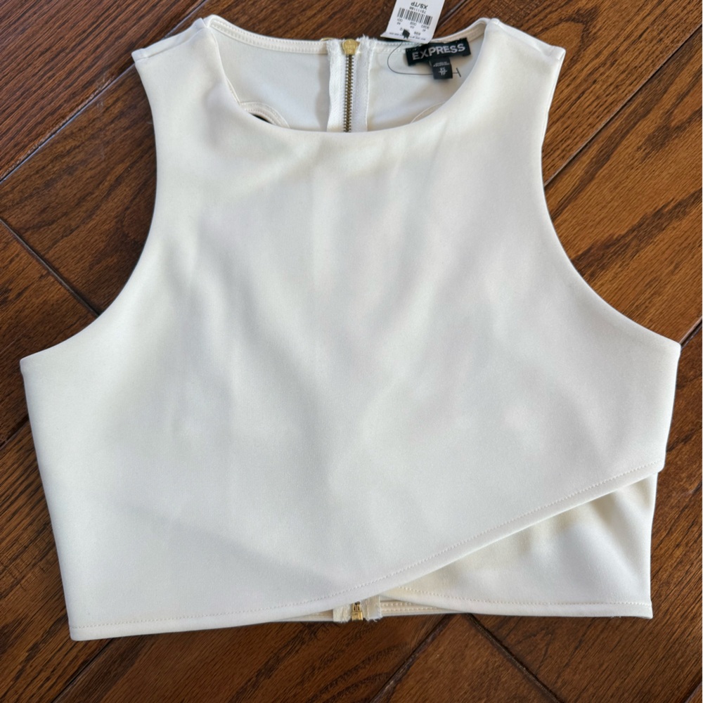 Express Cream Cropped Shell Top with Gold Zipper